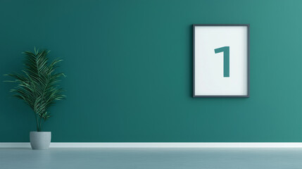 Poster - A framed picture of the number one hangs on a teal wall.