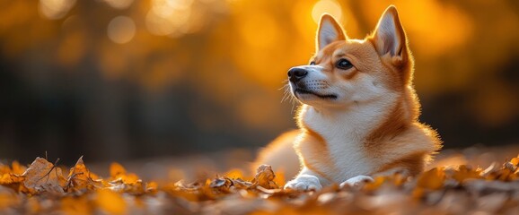 Wall Mural - Corgi Dog in Autumn Leaves