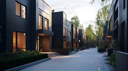 Canvas Print - Modern residential street with contemporary houses and greenery.