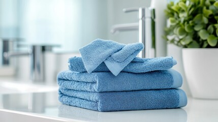 A stack of neatly folded blue towels on a clean white bathroom counter, creating a sense of freshness and relaxation.