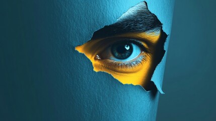 Wall Mural - A person's eye is shown through a hole in a wall