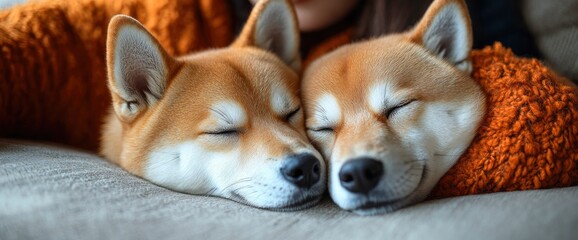 Wall Mural - Two Shiba Inu Dogs Sleeping Together in a Cozy Embrace