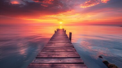 Wooden pier stretching into a vibrant orange and pink sunset over a calm sea.