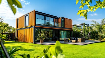 Canvas Print - Modern house with large windows and orange accents, surrounded by greenery and a well-maintained lawn.