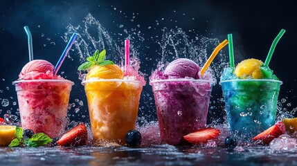 Panoramic still life of ice cream slush frozen colorful frozen fruit granita drinks flowing into takeaway plastic cups with ice cream straws flavor taste