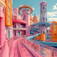 Canvas Print - A futuristic cityscape with colorful buildings and a winding slide.