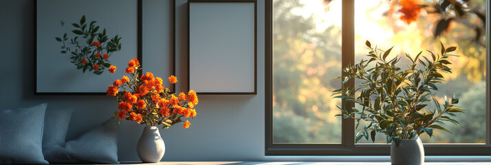 Canvas Print - Orange flowers in a vase on a window sill.