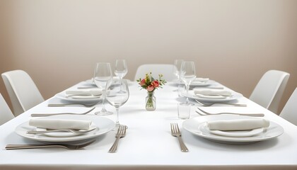 Dining table set with white plates, silver cutlery, and a centerpiece of a small bouquet of flowers.