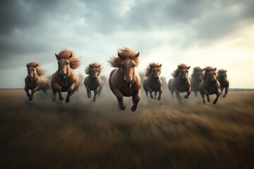 Canvas Print - A herd of wild horses in full gallop across an open field, captured at eye level, with dramatic sky overhead. Their manes and tails flow with the motion.