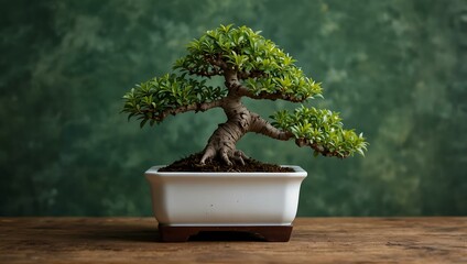 Poster - Bonsai tree in a white pot on a wooden table against a green wall.