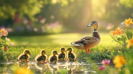 Mother duck with her ducklings exploring a park near a small pond, surrounded by vibrant flowers and green grass under a sunny sky