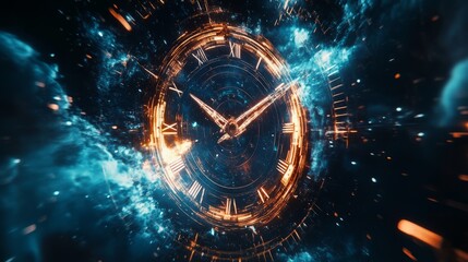 Time travel Technology Background with Clock concept and Time Machine, Can rotate clock hands. Jump into the time portal in hours. Traveling in space and time. Time travel fantasy scifi cinematic film