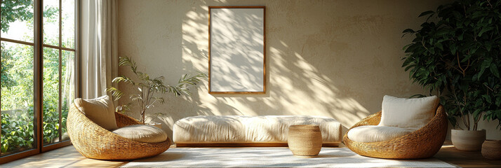 Sticker - Cozy living room with wicker chairs & natural light.