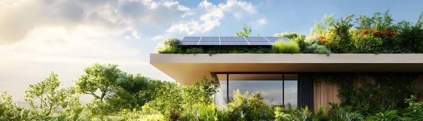 Wall Mural - Eco Friendly Modern Home with Lush Garden Rooftop and Solar Panels