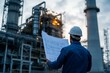 © AminaDesign - An engineer is carefully examining blueprints at dusk while being close to an industrial facility nearby