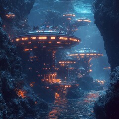 Sticker - A futuristic underwater city glowing with orange light, seen through a rocky opening.