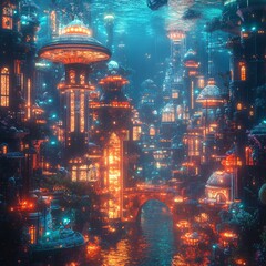 Poster - A futuristic underwater city with glowing lights and a bridge.