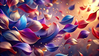 Surreal vibrant artwork depicting swirling leaves in red blue purple and gold floating dynamically Warm ethereal background adds to the mesmerizing visual appeal The colors blend seamlessly.