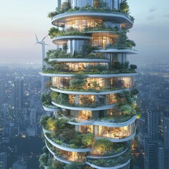 Sticker - A futuristic, eco-friendly skyscraper with lush vegetation on its balconies, showcasing a sustainable vision for urban living.