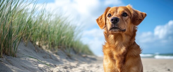 Wall Mural - Golden Retriever on a Sandy Beach