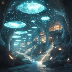 Canvas Print - A futuristic, illuminated cave with glowing orbs and a staircase leading upwards.