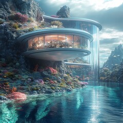 Poster - A futuristic, modern, glass house built into the side of a rocky cliff overlooking a still body of water.