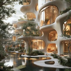 Canvas Print - A futuristic, organic-shaped apartment building with large windows overlooking a tranquil pond and lush greenery.