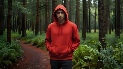 Canvas Print - Red color premium hoodie mockup on green forest background. Blank Hoodie stylish mockup for all usual purpose. Winter hood design. Premium quality design mockup. Branding social media post design. 