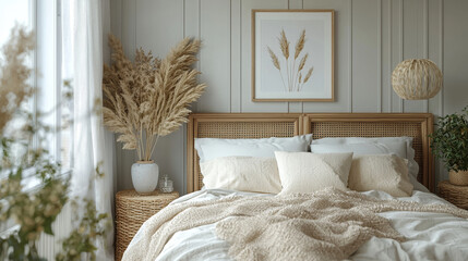 Poster - A cozy bedroom with a woven headboard and soft bedding.