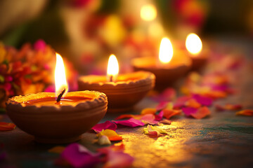 Celebrating Diwali festival, candles in temple with colorful background