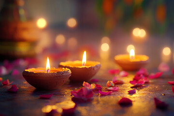 Celebrating Diwali festival, candles in temple with colorful background