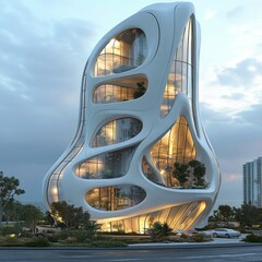 Poster - A futuristic, white, organic-shaped skyscraper with large windows and a green space inside.