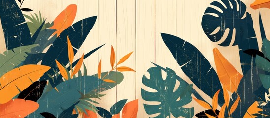 Flat lay composition featuring tropical leaves on a rustic wood backdrop evoking themes of retro travel and lush jungle aesthetics