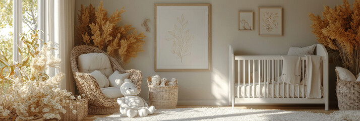 Wall Mural - Cozy nursery with wicker furniture and a crib.