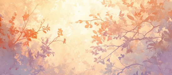 Wall Mural - Pastel colored natural background painting fantasy composite created from two photographs abstract representation featuring trees leaves and soft fluffy orange hues in a delicate collage