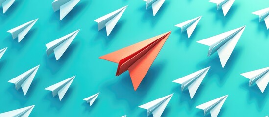 Isometric red paper plane among numerous white ones against a turquoise blue sky Represents leadership teamwork and courage in a flat design style