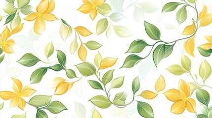 Wall Mural - Vector artwork featuring elegant light green and yellow floral patterns on a white background ideal for decorative wallpaper or children s book illustrations