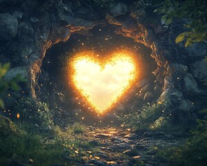 Sticker - A glowing heart shaped entrance to a cave in a forest.