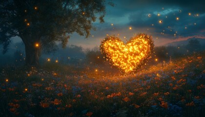 Wall Mural - A glowing heart-shaped light floats above a field of wildflowers at dusk with fireflies flying around it.