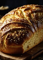 Freshly baked bread with sesame seeds on a wooden board. ai generative