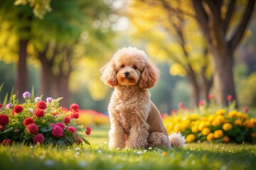 Fluffy apricot toy poodle sitting calmly on lush green grass in a serene park surrounded by vibrant flowers and majestic trees on a sunny day.