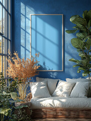 Wall Mural - A comfy couch with white pillows sits against a blue wall with a blank picture frame.