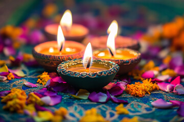 Celebrating Diwali festival, candles in temple with colorful background