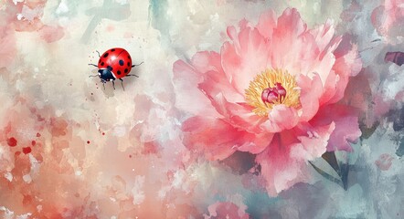 Splash Page with Peony Flower Garden Landscape in Pink Watercolors