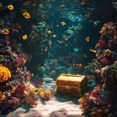 Wall Mural - A golden treasure chest lies on the ocean floor surrounded by vibrant coral reefs and tropical fish.