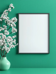 Poster - Blank frame mockup with spring blossoms.