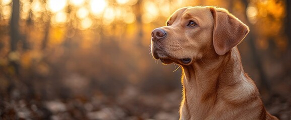 Wall Mural - Golden Retriever Dog Looking into the Distance at Sunset in Autumn Woods