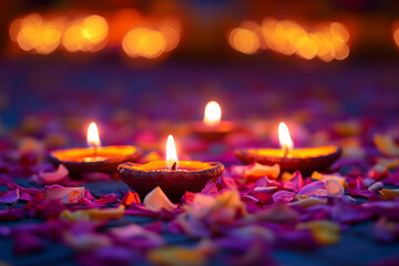 Wall Mural - Celebrating Diwali festival, candles in temple with colorful background