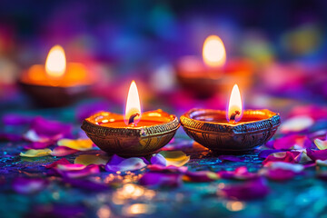 Wall Mural - Celebrating Diwali festival, candles in temple with colorful background