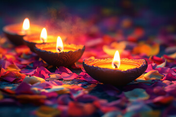 Wall Mural - Celebrating Diwali festival, candles in temple with colorful background